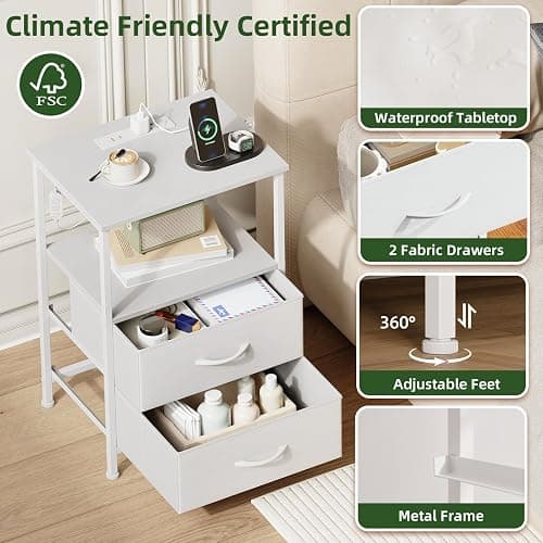 Somdot White Nightstand with Charging Station and LED Light for Bedroom, 2 Drawers Dresser with Fabric Bins for Bedside Kids Dorm Room Closet Laundry Entryway, White Leather thumbnail 6