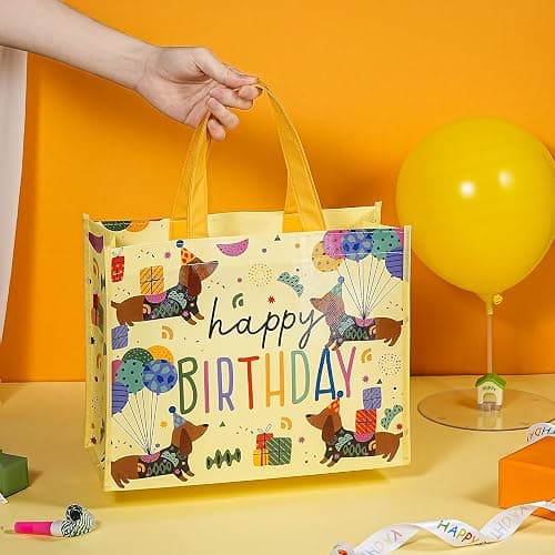 WRAPAHOLIC Large Reusable Beige Dachshund Birthday Gift Bag with Handles - 10 x 5 x 13 inch - Happy Bday Beige Dog Gift Bags for Kids Boys Girls Birthday, Pet Lovers and Shopping thumbnail 9