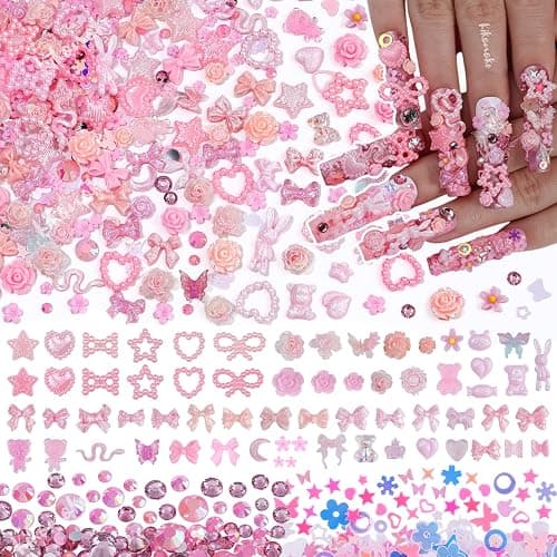 400Pcs Pink Nail Charms Kit, 3D Nail Gems and Rhinestones Flatback Pearls Mixed Shape Set, Heart Rabbit Butterfly Flower Bow Acrylic Resin Nail Art Decorations DIY Craft (Pink) - Image 1