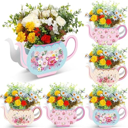 Yinder 6 Pcs Tea Party Decorations Princess Party Flower Boxes Centerpiece Floral Teapot Centerpiece for Floral Tea Themed Birthday Wedding Supplies(Sweet Tea Pot) - Image 1