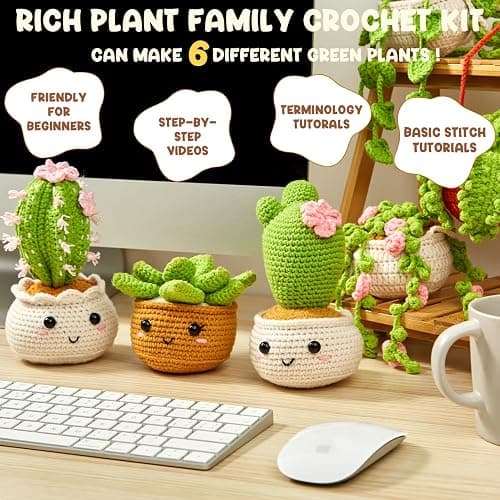 MAGIMUSE Crochet Kit for Beginners, Crochet Starter Kits, Amigurumi Craft Knitting Crocheting Kits with Step-by-Step Video Tutorials, 6 Pack Hanging Potted Plants Family(40%+ Yarn thumbnail 5