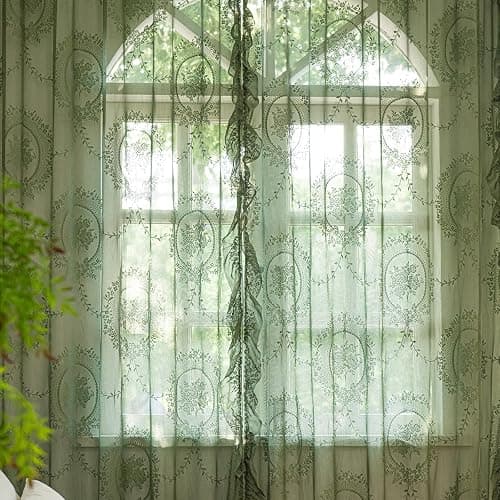 LOHUT Sage Green Lace Curtains Set of 2, Sheer Floral Panels 63 Inch Length, Vintage Boho Window Treatment with Ruffled Edge for Bedroom Living Room, Rod Pocket, W52 x L63 thumbnail 8