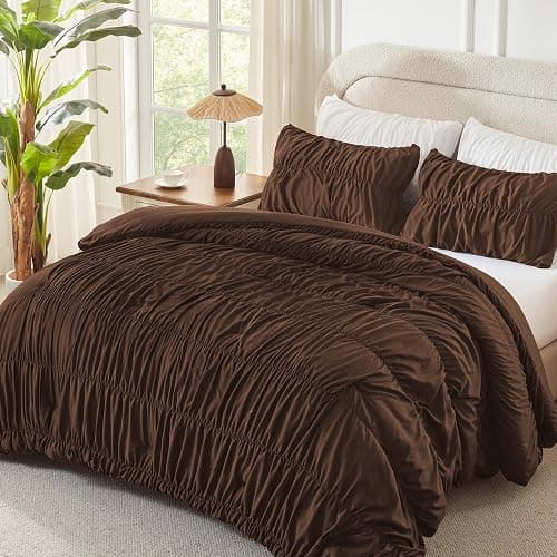 Andency Ruched Brown Full Size Comforter Sets, Shabby Chic Pleatd Bedding Sets 3 Pieces, Lightweight Soft Boho Ruffle Bed Set for Girls, Kids, Women, All Season thumbnail 2