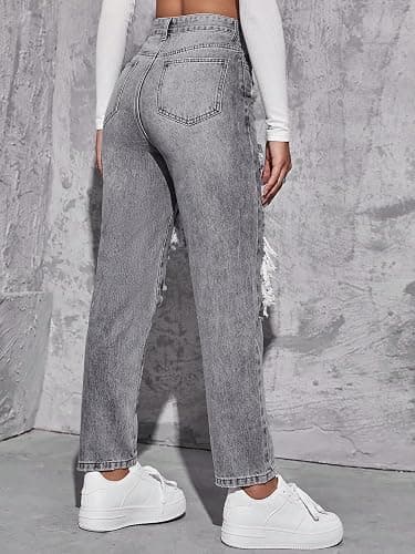 Floerns Women's High Waist Boyfriend Straight Leg Ripped Jeans Distressed Denim Pants Grey thumbnail 2