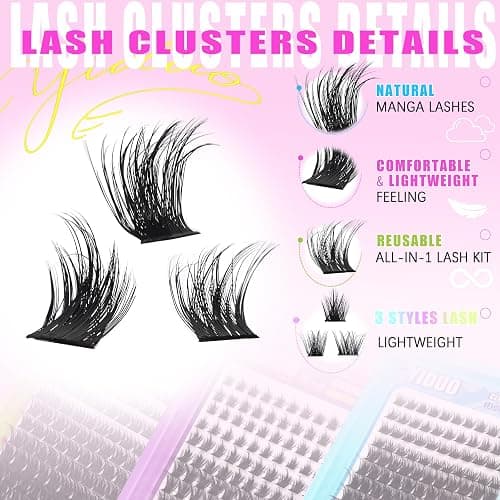 YIDUO 3 Styles Lash Clusters Kit Bulk Packs with 2×Bond&Seal Volume/Manga/ultra/Dramatic Eyelash Extensions 8-18mm lashes Clusters Kit Wispy D Curl Individual Fake Eyelashes Kit DIY at Home Easily thumbnail 5