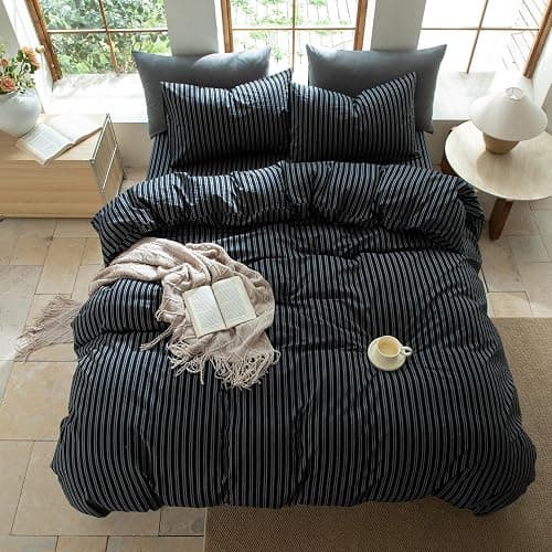 BESTDESIL Striped Duvet Cover Set 100% Washed Cotton Linen Like Soft Feelling Breathable Bedding(Strip-Black/White,King) thumbnail 8