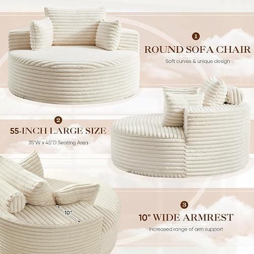 Oversized Round Chaise Longue Chair Indoor, Modern 55-inch Upholstered Corduroy Deep Seat Circle Single Cloud Lounge Floor Sofa Chair for Living Room, Bedroom Apartment, Beige thumbnail 5