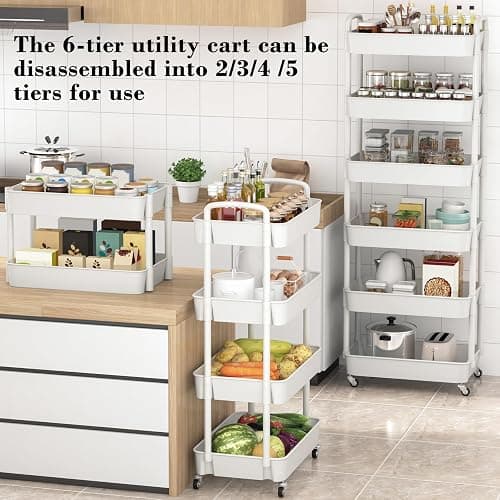 Sywhitta 6-Tier Plastic Rolling Utility Cart with Handle, Multi-Functional Storage Trolley for Office, Living Room, Kitchen, Movable Storage Organizer with Wheels, White thumbnail 4