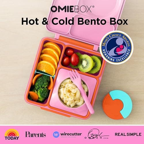 OmieBox Bento Box for Kids - Insulated Bento Lunch Box with Leak Proof Vacuum Insulated Food Jar - 3 Compartments, Two Temperature Zones (Pink Berry) thumbnail 3