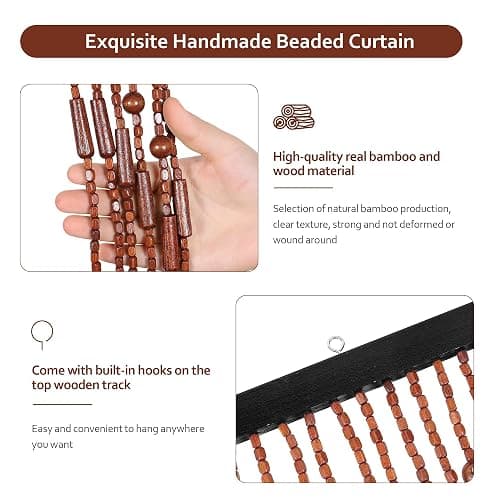 Foreate 52 Strands Beaded Curtain for Doorway Handmade Bamboo Wood Door Beads Hanging Room Divider Bohemian Hallway Window Hippie Curtains Rustic Home Bedroom Decor 35.5" x 75" Brown - Brown thumbnail 6