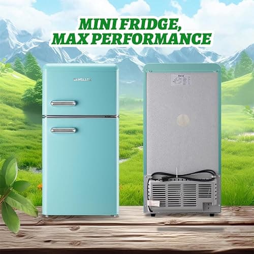 DEMULLER Small Refrigerator with Top Freezer 100Liter Retro Mini Fridge with Adjustable Glass Shelving, 7 Temperature Control and LED Lighting, Retro Mint Blue thumbnail 8