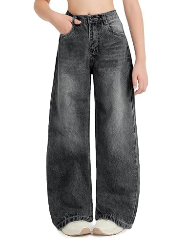 EXARUS Girls Jeans Baggy Wide Leg Cute Teen Denim Pants Junior Mid Rise Elastic Band with Pockets Casual Clothes - Image 1