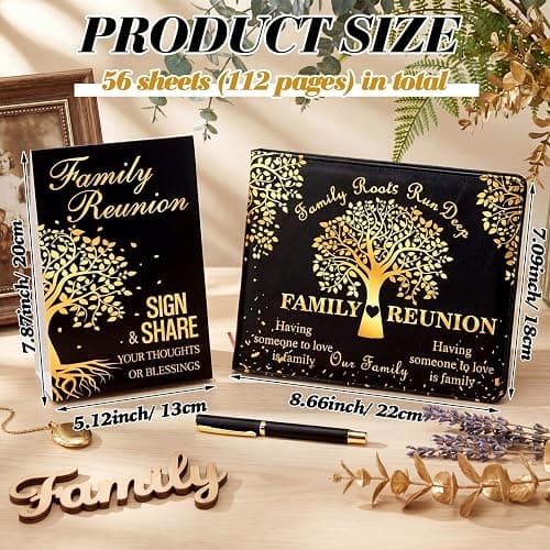 Tenceur Family Reunion Guest Book Heart, 112 Pages with Pen and Sign | Tree Design Memory Journal for Gathering, Black Gold Foil, Includes Table Stand and Writing Tool, Reunion Celebration thumbnail 3