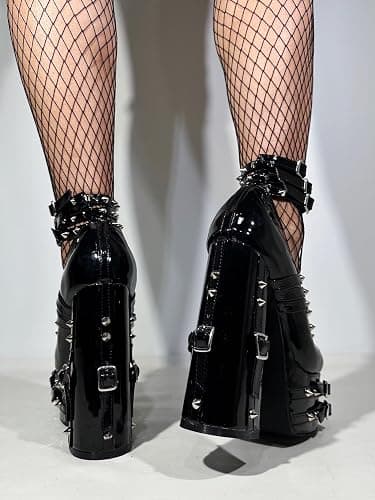Frankie Hsu Goth Chunky Platform High Heeled Pumps Ankle Bootie, Black Patent Strappy Rivets Punk Gothic Y2K Hot Girl Boot, Big Large Size Shoes For Women Men thumbnail 6