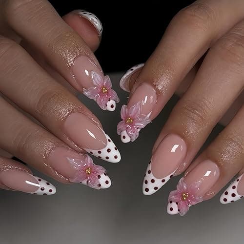 24Pcs Press On Nails Almond Medium Nude Fake Nails White French Tips with 3D Flower Pink Polka Dot Design Floral False Nails Glossy Full Cover Stick on Nails Reusable Glue on Nails for Women Manicure - Image 1