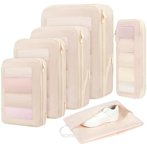 BAGAIL 4 Set/6 Set/8 Set Compression Packing Cubes Travel Accessories Expandable Packing Organizers (Square Mesh, 05-Cream) - Image 1