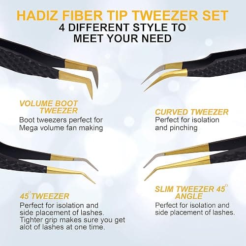 HADIZ Set of 4 Fiber Tip Diamond Grip Eyelash Extensions Tweezers Japanese Stainless Steel Lash Tweezer(Black) thumbnail 4