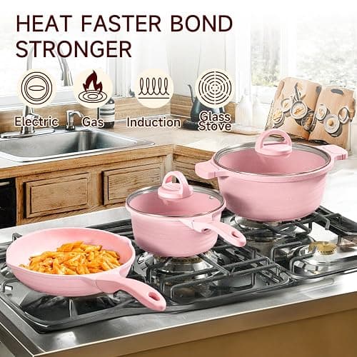 JEETEE Pink Pots and Pans Set Nonstick 23pcs, Healthy Kitchen Cookware Sets, Induction Cooking Set Pink Frying Pans, Saucepans, Sauté & Griddle & Crepe Pan (PFOA Free) thumbnail 6