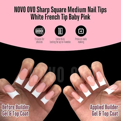 NOVO OVO Medium Sharp Square White French Tip Nail Tips Press on BABY PINK, Extra Thick NEED Builder Gel & Top Coat & Glue, Soft Gel Full Cover False Fake Nail Extension in Salon DIY x 15 Sizes 180 pc thumbnail 5