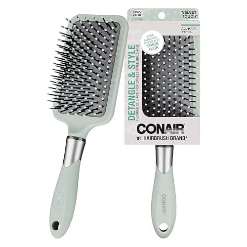 Conair Velvet Touch Paddle Cushion hair brush - Detangling hairbrush - curly or straight styles - men or women - detangler - features soft touch handle - Sage Green - Image 1