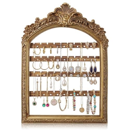 Fiwochic 1 Pcs 10 x 6.9'' Wall Hanging Earring Holder Organizers Vintage Arched Frame 4 Layer Wall Mounted Jewelry Holder Decorative Retro Baroque Stud Earring Display (Gold) - Image 1