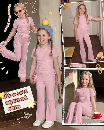 Vinsatin Girls' 2 Piece Short Sleeve Outfits | Side Ruched Slim Fit Tops and Flared Pants, Tween Casual Clothes Sets for 5-14Y, Crew Neck Stretchy Shirts, Airplane Outfit thumbnail 2