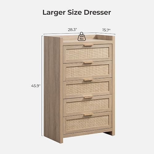 SICOTAS Dresser for Bedroom Chest of Drawers 46" Tall Dresser for Closet with 5 Rattan Drawers Boho Night Stand Large Clothes Storage Cabinet for Living Room Hallway Nursery Entryway - Reclaimed Light Oak/5 Drawers - 1 Piece thumbnail 3