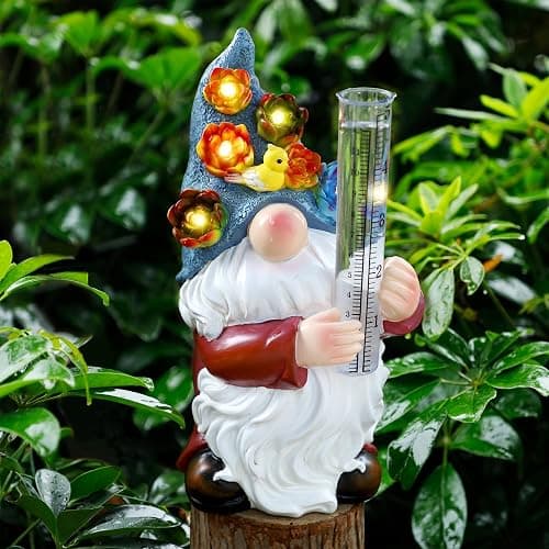 FORUP Resin Gnome Solar Rain Gauges, Resin Garden Gnome Statue with a Plastic Rain Gauge, Hand Painted Gnome Sculpture Water Gauge for Rain - Image 1