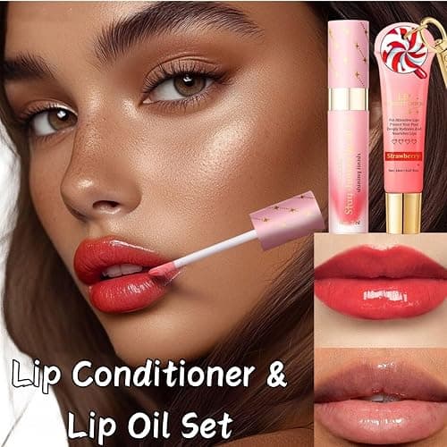 Lip Conditioner & Lip Oil Set,Moisturizing Lip Care Set,Hydrating Lip Balm Set for Dry & Chapped Lips,Day & Night LipGloss Balm Kit,Gifts for Teenager Girl (Strawberry) thumbnail 2
