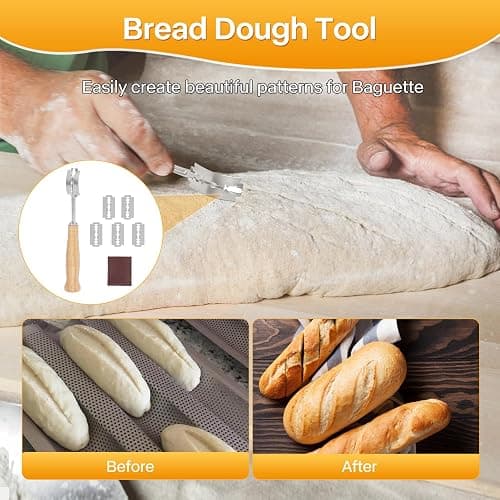 Barlket Baguette Bread Pan, Perforated French Bread Pan, Nonstick Bread Pans for Baking, with Baguette Kit – Includes Proofing Cloth & Dough Cutter, 15x11 Inch Gold, 3 Loaf thumbnail 7