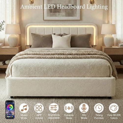 Yechen Cloud Full Size Bed Frame with Adjustable Headboard, Boucle Upholstered Bed Frame with LED Light, 4 Storage Drawers, Soft Curved Corners, No Box Spring Needed, Easy Assembly, Beige thumbnail 3