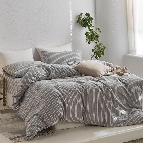 MooMee Striped Duvet Cover Set 100% Washed Cotton Linen Like Textured Breathable Durable Soft Comfy (Light Grey White Wide Stripes, Oversized Queen 98"x98") thumbnail 3