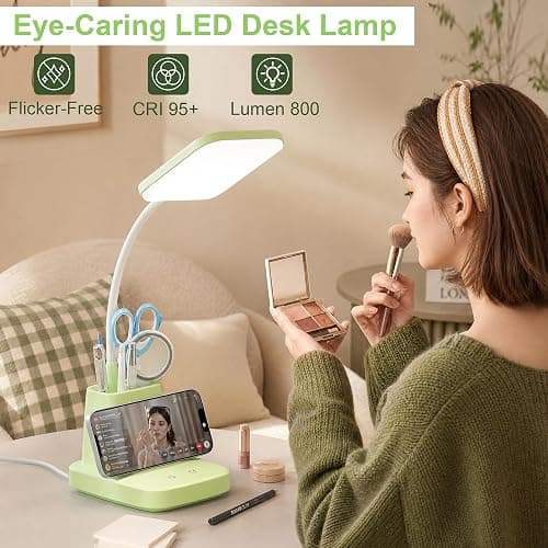 Sailstar Desk Lamp, LED Desk Lamps for Home Office, Wireless Charger Small Desk Lamp with Pen Holder, CRI 85, 800LM,3 Color Dimmable, Study Lamps for College Dorm Room, Adapter Included, Green thumbnail 6