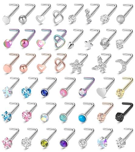 ONESING 36-44 Pcs 18G 20G Nose Rings Studs Nose Rings for Women Nose Piercings Jewelry Surgical Stainless Steel Nose Studs Moon Star Heart Butterfly Hypoallergenic Body Piercing Jewelry for Women Men - Image 1