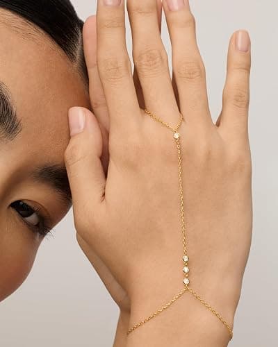PAVOI 14K Gold Plated Hand Chains for Women - Adjustable Hand Chain Bracelet and Ring - Trendy Gold Handchain Bracelet Stack Summer Jewelry - Beads, Pearl, and Cubic Zirconia Body Jewelry thumbnail 2