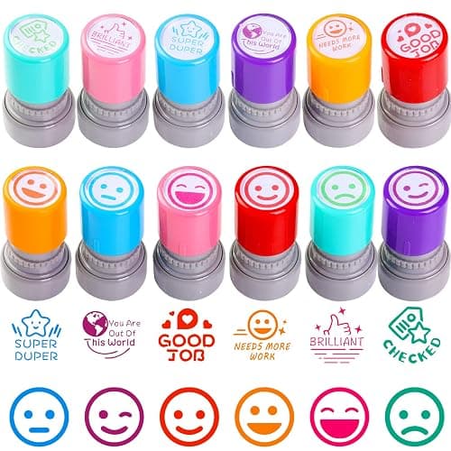 12 Sorted Teacher Stamps for Classroom, Self-Inking Rubber Colorful Teacher Stamps for Grading Homework, Mood Expressions Stamps for Office Stationery Encouraging Comments - Image 1
