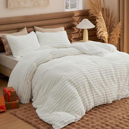 Bedsure Fluffy Comforter Set Queen - Super Soft Faux Fur Bed Set Cream White, Warm Plush Fleece Winter Bedding, 3 Pieces, 1 Shaggy Fuzzy All Seasons Queen Size Comforter with 2 Pillowcases - Image 1