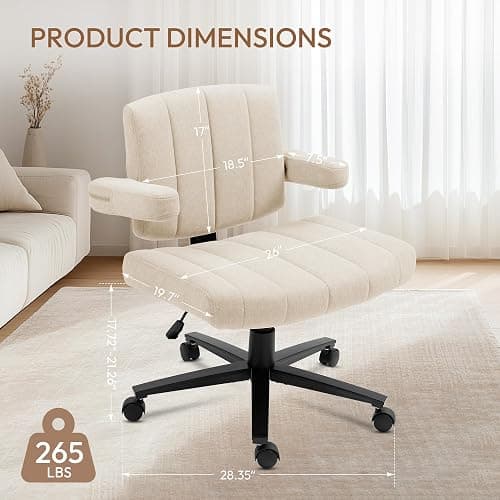 Vigosit Criss Cross Chair with Wheels – Comfortable Vanity Chair, Wide Rolling Cross Legged Office Chairs with Arms, Adjustable Desk Chairs Comfy for Home Office, Swivel Task (White) thumbnail 9