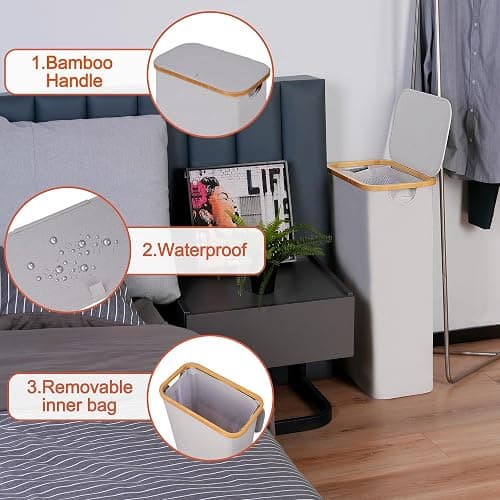 efluky Slim Laundry Basket with Lid, Narrow Laundry Hamper with Removable Bag, Skinny Dirty Clothes Basket with Bamboo Handles for Bathroom, Bedroom & Laundry Room, 75L Light Grey thumbnail 5