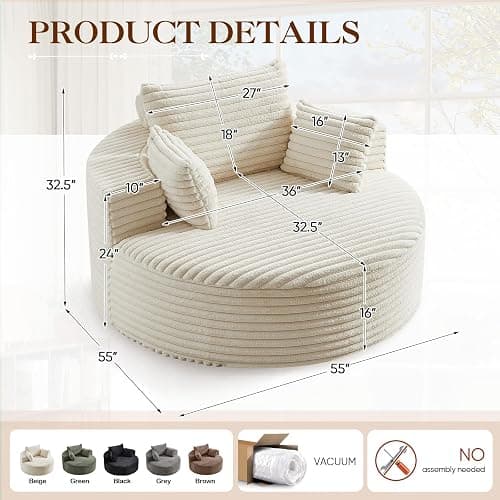 Oversized Round Chaise Longue Chair Indoor, Modern 55-inch Upholstered Corduroy Deep Seat Circle Single Cloud Lounge Floor Sofa Chair for Living Room, Bedroom Apartment, Beige thumbnail 2