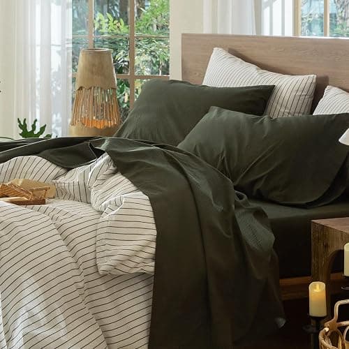 MooMee Bedding Sheet Set 100% Washed Cotton Linen Like Textured Breathable Durable Soft Comfy (Solid Olive Green, Queen) - Image 1