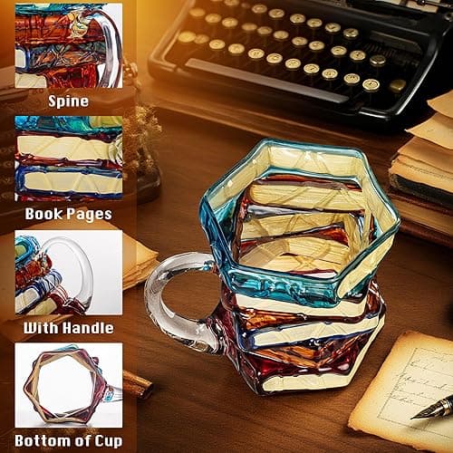 WACOI Painted Book Glass Coffee Mugs, 14oz Espresso Cappuccino Latte Tea Cups with Handle, Novelty Mugs for Readers, Bookworm, Ideal Gift for Christmas, Birthday thumbnail 4