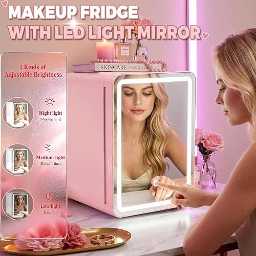 MoraRise 16L Skincare & Makeup Mini Fridge, Cooler & Warmer with LED Mirror | Portable Compact Desktop Small Beauty Fridge for Bedroom, Dressing Table & Office, AC/DC Mains thumbnail 3
