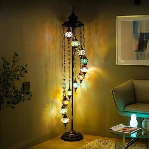 Mozaist Turkish Mosaic Floor Lamp with Bulbs – Handmade Multi Globe Moroccan Standing Lamp, Authentic Stained Glass Light, Bohemian Home Decor (Rainbow, 11 Globe Floor Lamp) thumbnail 4
