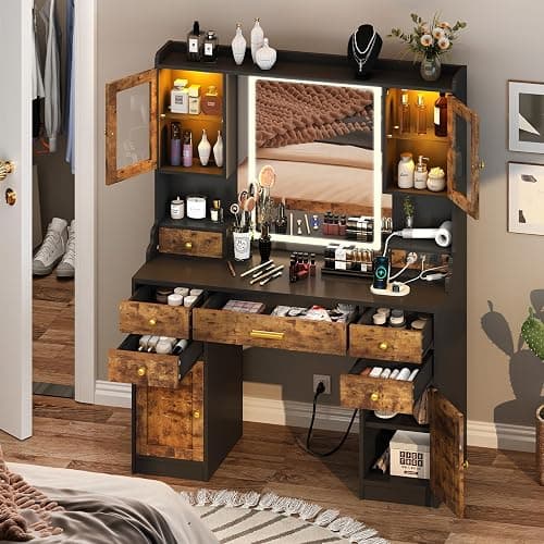 CSZZD Makeup Vanity Desk with Mirror and Lights in 3 Colors, Dressing Vanity Table with Charging Station, Large Vanity Mirror with 6 Storage Drawers & 2 RGB Cabinets for Girls, Women, Rustic Brown thumbnail 8