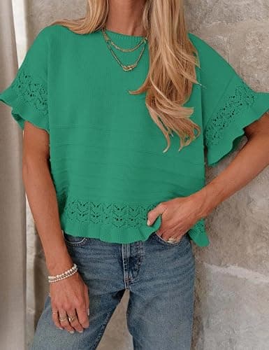 Yeokou Womens Short Sleeve Sweater Round Neck Ruffled Hem Knit Crochet Pullover Summer Fall Casual Top Blouse thumbnail 3