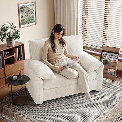 ONBRILL Oversized Accent Chair, 41 Inch Chenille Fabric Armchair, Comfy Single Sofa Chair with Padded Arms, Pocket Spring Cushion, Modern Reading Chair for Living Room, Bedroom, Beige thumbnail 5