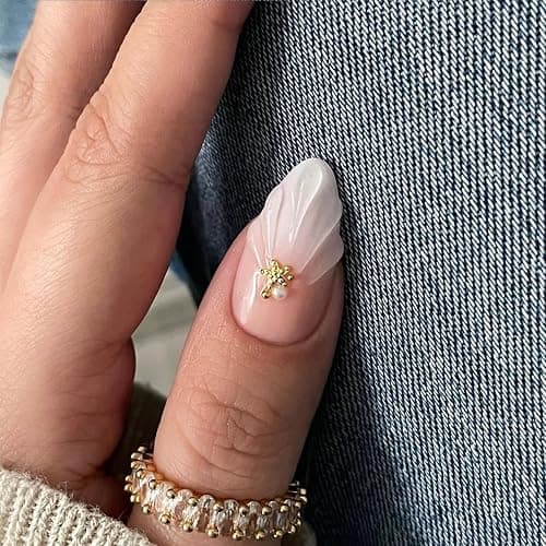LPOODDNU 3D Almond Press on Nails - White French Tip Medium Fake Nails with Flower Pearl Star Designs, Glossy Finished Reusable False Nails with Adhesive Glue Tabs - 24Pcs Nail Kit for Women Manicure thumbnail 3