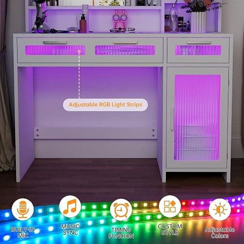 Hadulcet White Vanity Desk with Mirror and Lights, 43" Makeup Vanity Desk with Glass Top, Power Outlets, 2 Drawers, 10 Shelves & Acrylic Cabinet, LED Vanity Table for Girls Women Gift thumbnail 6