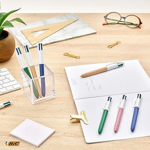 BiC 4 Colours Wood Style Retractable Ball Pens Medium Points (1.0 mm) with Wood Effect Barrel - Pack of 5,Black,Blue,Navy (510991) thumbnail 3